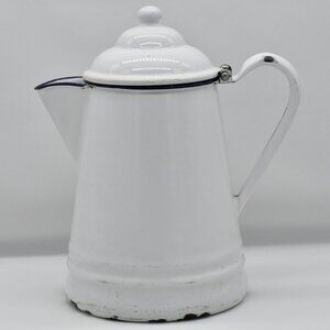 Vintage White & Blue Trim Enamelware Stovetop Coffee Pot 10.5 Inch Tall